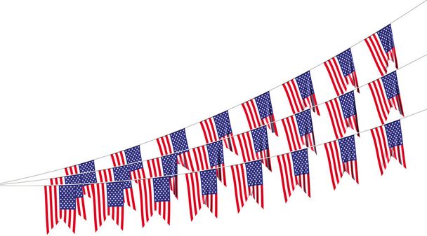 American flags strings decorative hanging bunting, bright USA patriotic flags garlands isolated on white. 4th of July, Independence day holidays decoration 3D illustration - Foto, imagen