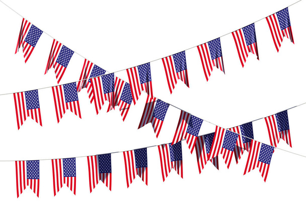 American flags decorative hanging bunting, bright USA patriotic flags garlands isolated on white. 4th of July, Independence day holidays decoration 3D illustration - Foto, imagen