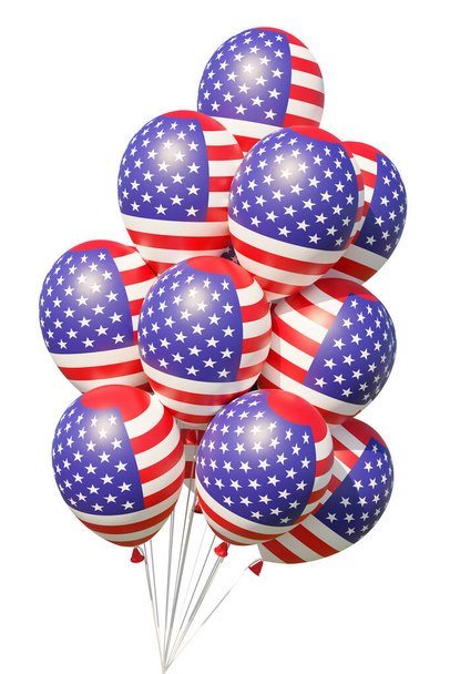 United States of America patriotic balloons with ribbons, painted with USA flag isolated on white. 4th of July USA Independence Day celebration decoration, 3D illustration. - Foto, imagen