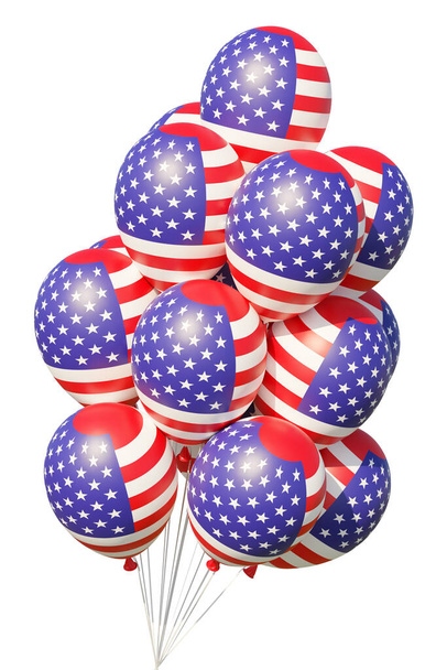 4th of July patriotic balloons with ribbons, painted with USA flag  isolated on white.  United States of America Independence Day celebration decoration, 3D illustration. - Foto, imagen