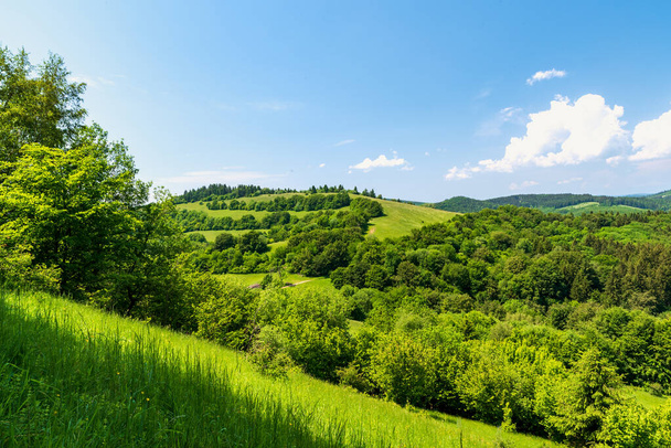 Beautiful springzime Biele Karpaty mountains near Vrsatske Podhradie village in Slovakia with hills covered by mix of meadows and forest and blue sky with few clouds - Photo, Image