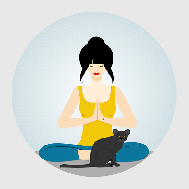 Йога. Женщина сидит в позе лотоса, скрестив ноги и медитируя. Рядом с женщиной сидит кошка. векторная иллюстрация
. - Вектор,изображение