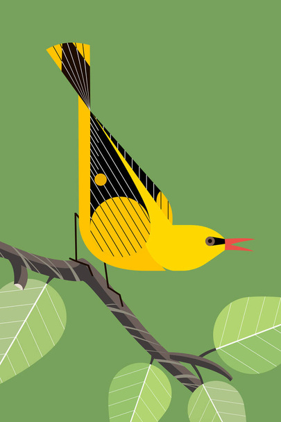 Élénk sárga Oriole énekel egy faágon a zöld háttér, stilizált kép - Vektor, kép