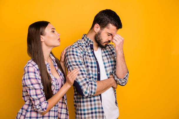 Photo attractive lady handsome guy couple girlfriend say wrong words ask forgiveness beloved boyfriend hold nose bridge wear casual plaid shirts jeans isolated yellow color background - Foto, afbeelding