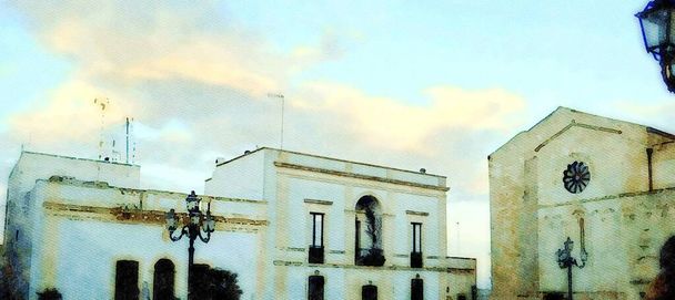 Digitaalinen akvarelli, joka edustaa yhtä historiallisista rakennuksista ja muinaista kirkkoa Castron historiallisessa keskustassa Salentossa Pugliassa. - Valokuva, kuva
