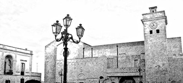 Digitale Schwarz-Weiß-Zeichnung, die einen Blick auf eine antike Kirche im historischen Zentrum von Castro im Salento in Apulien wirft - Foto, Bild