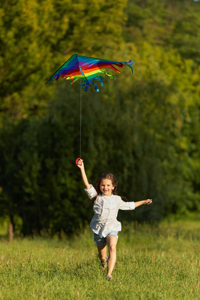 happy cute little child girl launches kite - Foto, afbeelding