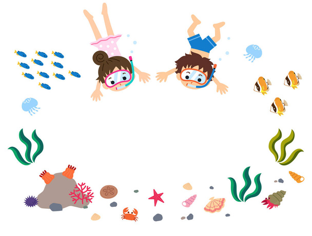 Красочные и милые летние иллюстрации морских существ, таких как мальчики и девочки, плавающие в море, тропические рыбы, моллюски, ракообразные, анемоны, морские звезды, медузы
. - Вектор,изображение