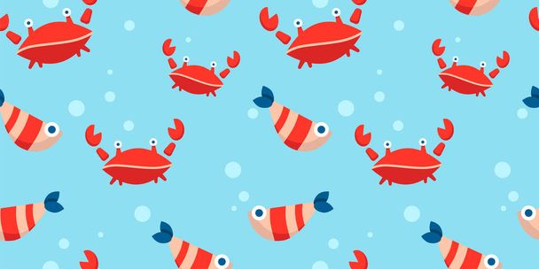 дитячий безшовний візерунок з червоними крабами, рибою та бульбашками. мультфільм плоский дизайн. Морська тема. для упаковки, паперу, тканини. принт для одягу
 - Вектор, зображення