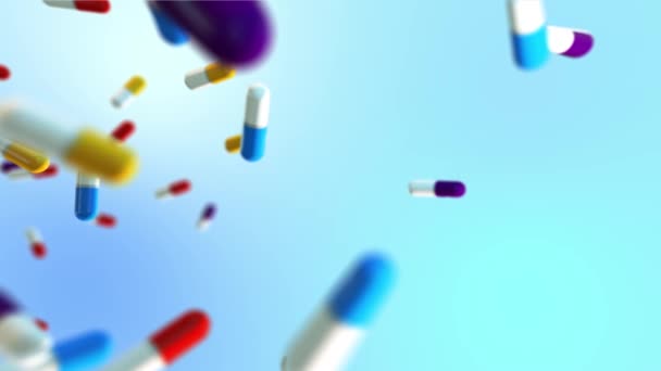 Slow Motion of Flying Colorful Pills con gradiente Sfondo astratto Digitale 3D 4K motion - Filmati, video