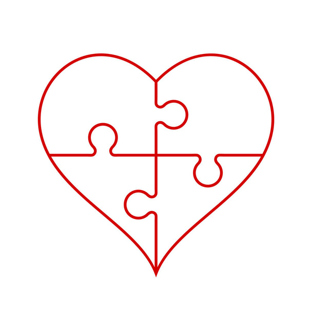 Kırmızı kalp, beyaz arka planda yapboz şeklinde. Dört yapboz parçası. Sağlıklı kalp, kardiyoloji. Beraberlik, tüm kalbimle, birlik, sevgi, konsept. Vektör illüstrasyonu, düz, klip sanatı. - Vektör, Görsel