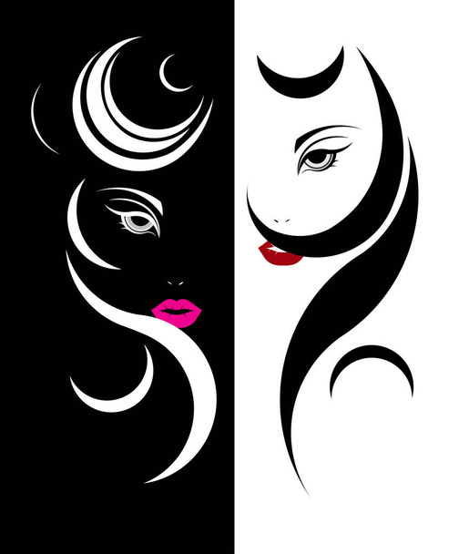 Icona stile capelli lunghi, logo donna faccia su sfondo bianco e nero. - Vettoriali, immagini