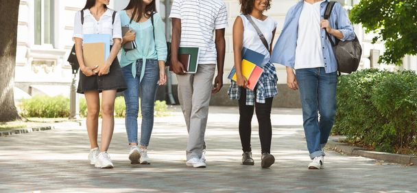 Iloinen teini-ikäiset opiskelijat lähtevät college jälkeen luokat, kävely yhdessä outdors - Valokuva, kuva