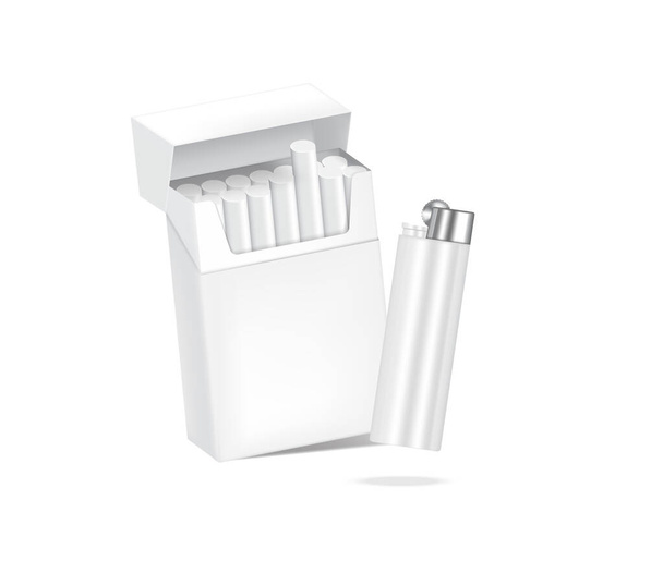3D realista Mock up caixa de cigarro Embalagem com chama mais leve. Marca de mercadoria insalubre. Modelo de objeto no fundo branco
. - Vetor, Imagem
