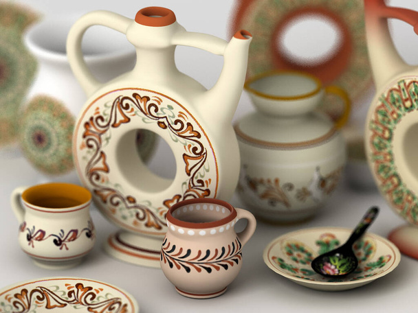 Traditional handmade ceramic souvenir with handpainted. Realistic 3d rendering with the effect low depth of field - Фото, зображення