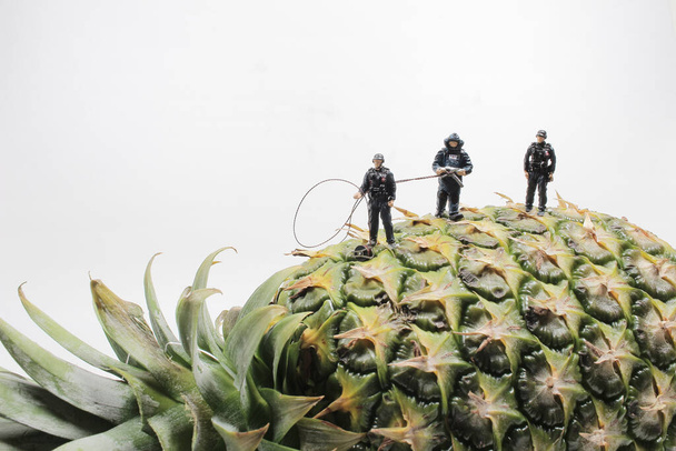 une mini police porte le costume d'élimination des bombes sur l'ananas - Photo, image