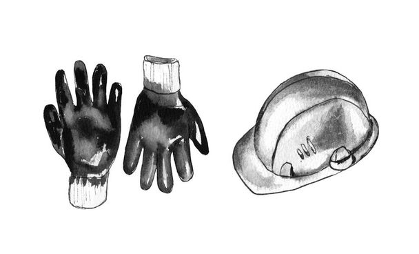 Aquarell-Illustration. Schutzhelm und Handschuhe zur Reparatur und Konstruktion. Isoliert auf weißem Hintergrund - Foto, Bild