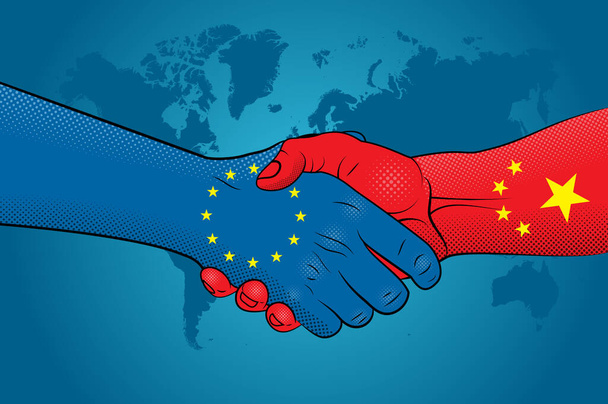 欧州連合と中国の関係。握手欧州連合と中国 - ベクター画像
