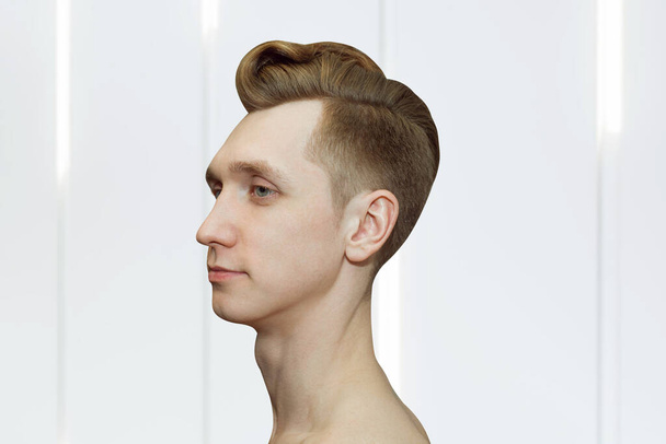 Young ginger guy with pompadour haircut, real photo hair for barbershop old fashioned. - Фото, зображення