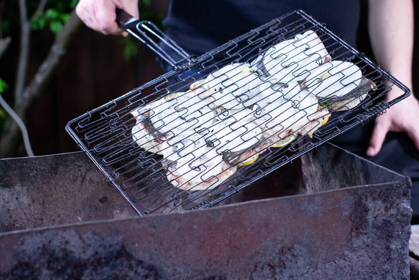 pieces of red fish with lemon and onion on the grill. cooking fish on coals - Foto, immagini