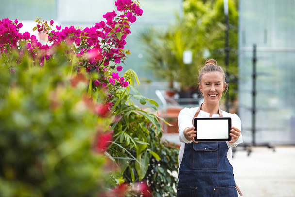 Female Garden Worker Holding an blank tablet PC. Attractive young woman in a flower center.  Young woman working in flower garden. Woman entrepreneur - 写真・画像