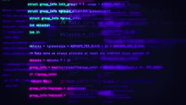 抽象的なプログラムコードのブロックが仮想空間に書き込まれ、移動されます。青と紫のコード。データフローアニメーション。IT 、ソフトウェア開発、ハッキングの概念。暗号化されたセキュリティコード - 映像、動画