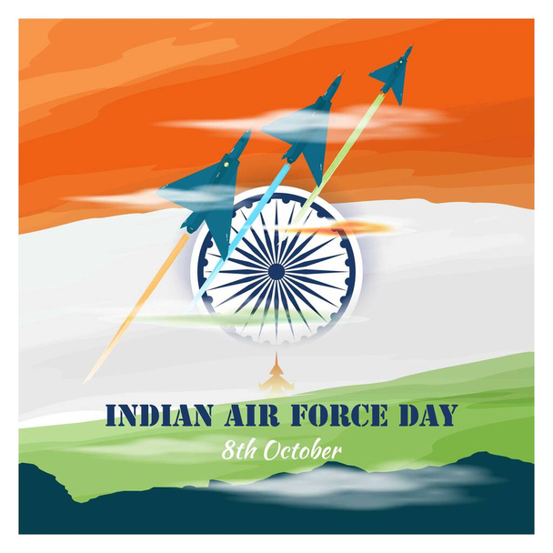 Εικονογράφηση διάνυσμα για την ημέρα της Ινδικής Αεροπορίας γιορτάζεται στις 8 Οκτωβρίου. Εικονογράφηση Εμφανίζει την Ινδική Σημαία στο παρασκήνιο με 3 πίδακες να δίνουν φόρο τιμής. - Διάνυσμα, εικόνα