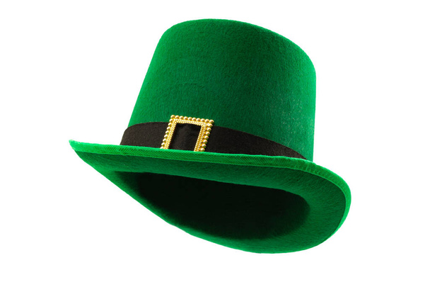 St Patricks day meme and March 17 concept with a multiple angles image of a green parade hat with a belt and buckle isolated on white background with a clip path cut out - Photo, Image