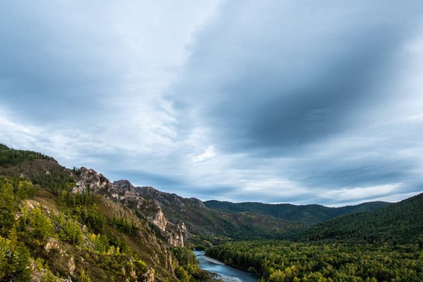 bocht van de rivierbedding tussen groen bos, riviervallei - Foto, afbeelding