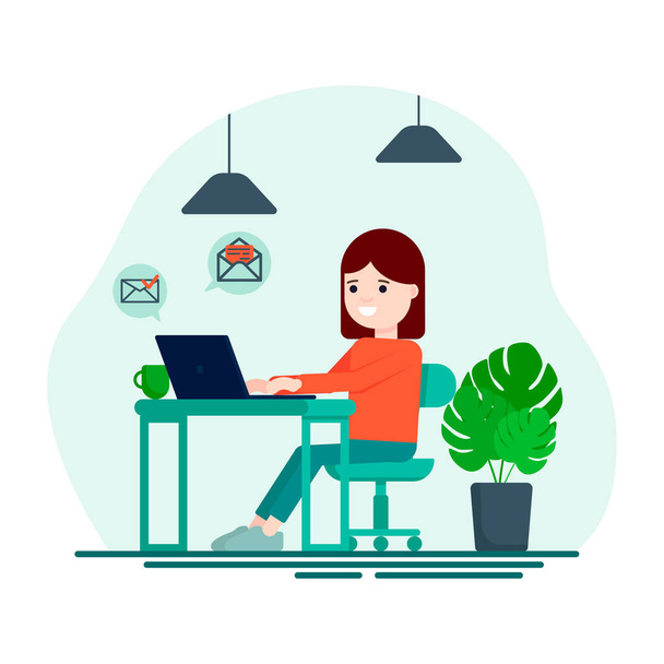 Illustration vectorielle plate : la femme travaille sur un ordinateur portable. Indépendante. Travail à domicile pendant la quarantaine. - Vecteur, image