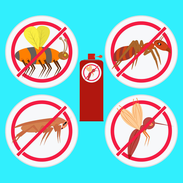 Запретные знаки с насекомыми. Отталкивающее насекомое в бутылке. Защита от комаров, тараканов, муравьёв. Аэрозоль для предотвращения укусов жуков. Векторная иллюстрация
. - Вектор,изображение