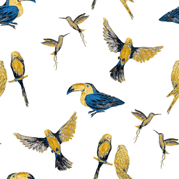 Watercolor seamless pattern with bird (parrots,toucans, hummingbirds). Exotic jungle bird wallpaper. Great design for any purposes. Bright summer print. - Photo, Image
