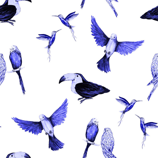 Watercolor seamless pattern with bird (parrots,toucans, hummingbirds). Exotic jungle bird wallpaper. Great design for any purposes. Bright summer print. - Fotó, kép