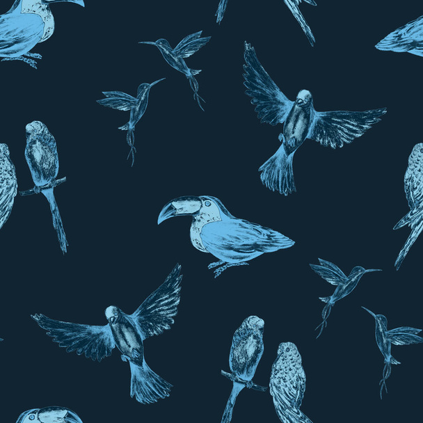 Watercolor seamless pattern with bird (parrots,toucans, hummingbirds). Exotic jungle bird wallpaper. Great design for any purposes. Bright summer print. - Φωτογραφία, εικόνα