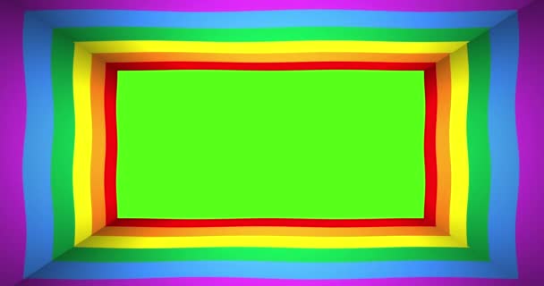 Vastag keret dekoráció a szivárvány zászlóval. Intenzív animáció. Fogalma meleg büszkeség vagy LMBT. TV keret zöld képernyővel a központban. - Felvétel, videó