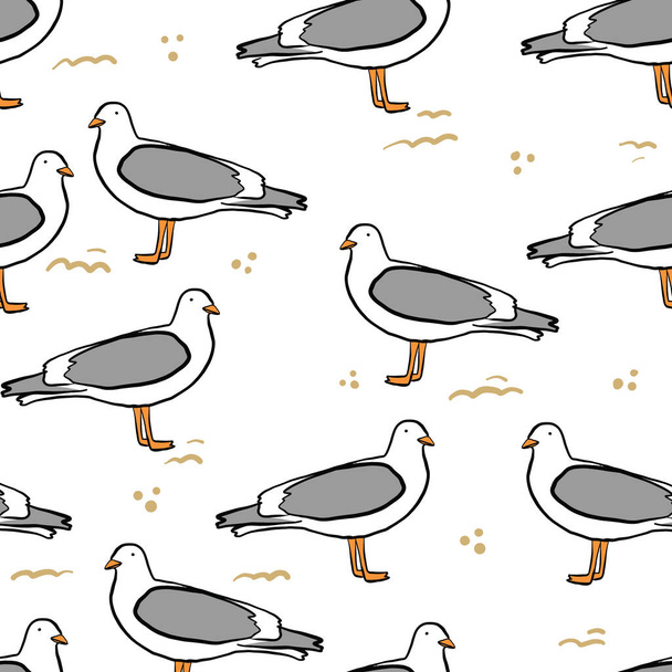 Seamless pattern with seagulls and sand. Cute cartoon seagulls on a coast. Summer vacation. Good for print. - Vector, Image