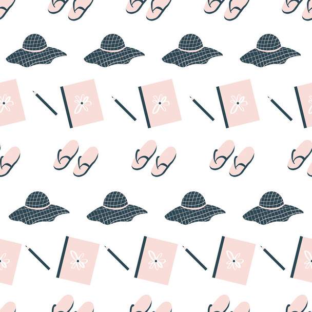 seamless cute pink and navy blue beach pattern with hat, flip flops, notebook, flowers, towel, tea cup, and pencil. repeating vector beach pattern. - Vector, Image