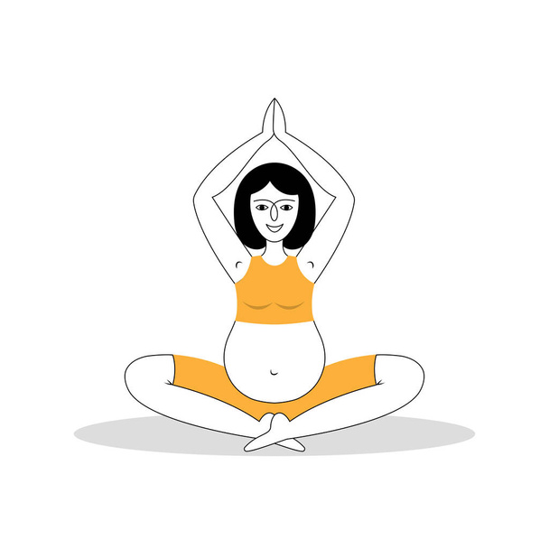 Een jonge mooie zwangere vrouw mediteert op de vloer. Handgetekende vectorillustratie van zwangere vrouwen die yoga beoefenen. - Vector, afbeelding