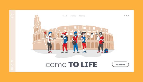 People Travel Landing Page Template. Group of Young Characters with Backpacks and Photo Cameras Traveling Abroad. Active Tourists Visit Coliseum Sightseeing with Guide. Linear Vector Illustration - Vector, Image