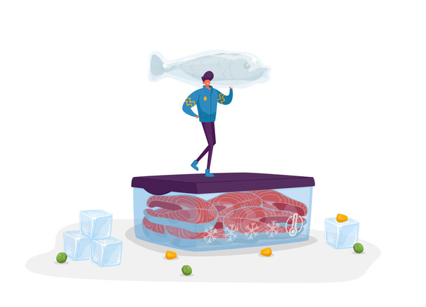 Veselá mužská postava v teplých šatech drží obrovské zmrazené ryby stojí na kontejneru se steaky a kostkami ledu kolem. Koncepce zmrazených potravin, úspor a zmrazených produktů. Cartoon Vector Illustration - Vektor, obrázek