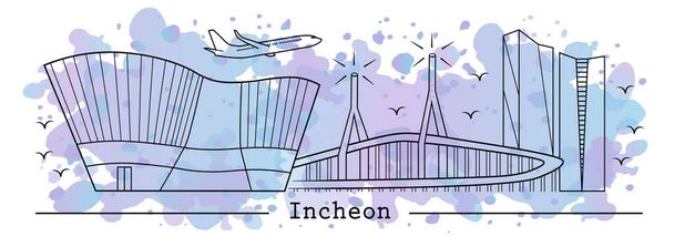 Incheon city in line art style; black and white color; - Vector, Image