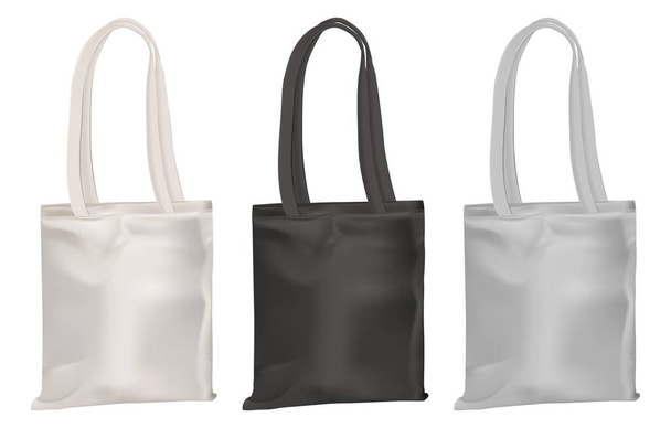 Eco tote mockup. Bavlněná plátěná taška nákupní šablona prázdná. Realistická textilní kabelka pro firemní identitu. Vratné ložní prádlo ekobág pro trh. Nosit sbírku příslušenství - Vektor, obrázek