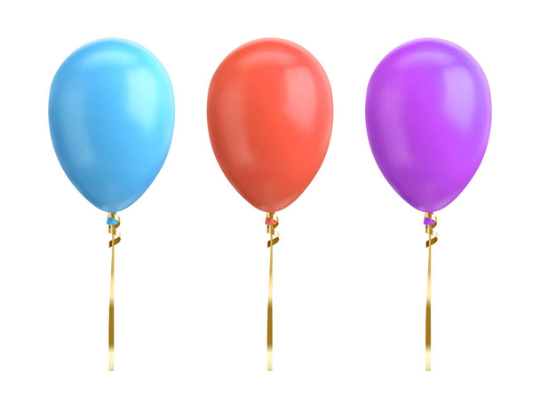Beyaz arka planda mavi, kırmızı, mor balon vektör çizimi. Doğum günü partisi için parlak gerçekçi balon. - Vektör, Görsel