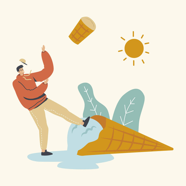 Male Character Slipping on Huge Melted Ice Cream. Sweet Delicious Dessert, Summer Time Food, Cold Meal. Man Enjoying Icecream Treat in Waffle Cone in Hot Summertime Day. Linear Vector Illustration - Vector, Image
