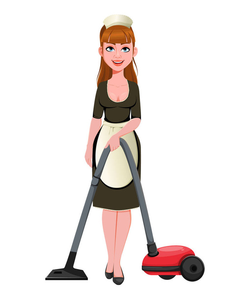Cameriera, donna delle pulizie, donna delle pulizie sorridente aspirapolvere. Allegra cameriera personaggio dei cartoni animati. Illustrazione vettoriale - Vettoriali, immagini