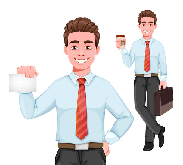 Úspěšný obchodník, dva pózy. Pohledný obchodník v obchodních šatech s kávou a s prázdnou kartou. Veselá kreslená postava. Vektorová ilustrace - Vektor, obrázek