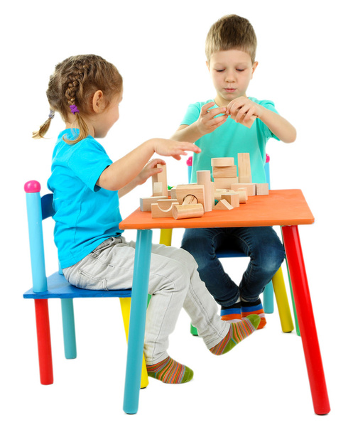 Little children playing with building blocks isolated on white - Valokuva, kuva