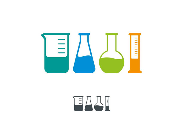 Set of four laboratory flask icons. Various shape lab glass bottle, test tube symbol. Chemical media containers. - Vector, Image