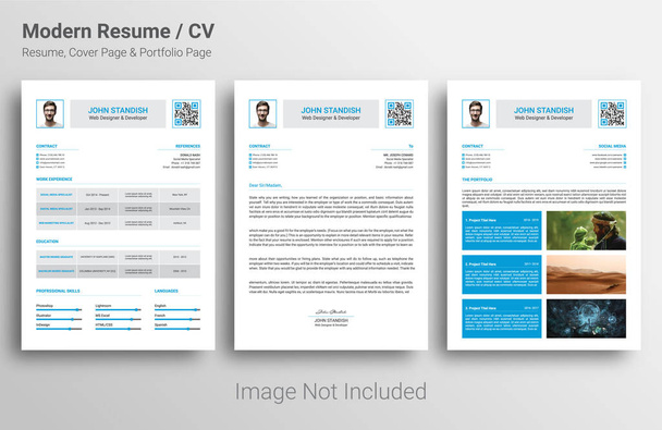 CV / currículo carta de apresentação e modelo de página de portfólio. Design moderno super limpo e claro. design preto e azul
 - Vetor, Imagem