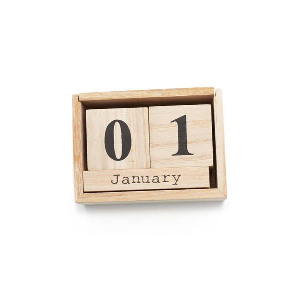wooden calendar made of blocks isolated on white background, top view - Foto, imagen